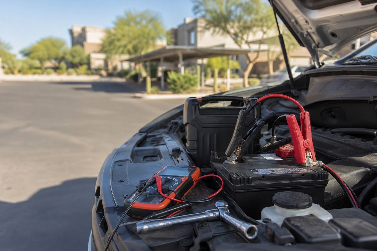 Phoenix mobile mechanic jump starting a car at a desert carport